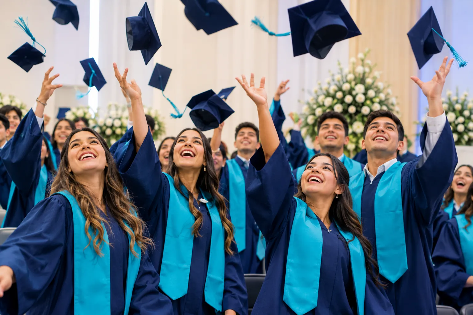 Graduandos lanzan sus birretes en la ceremonia de grado
