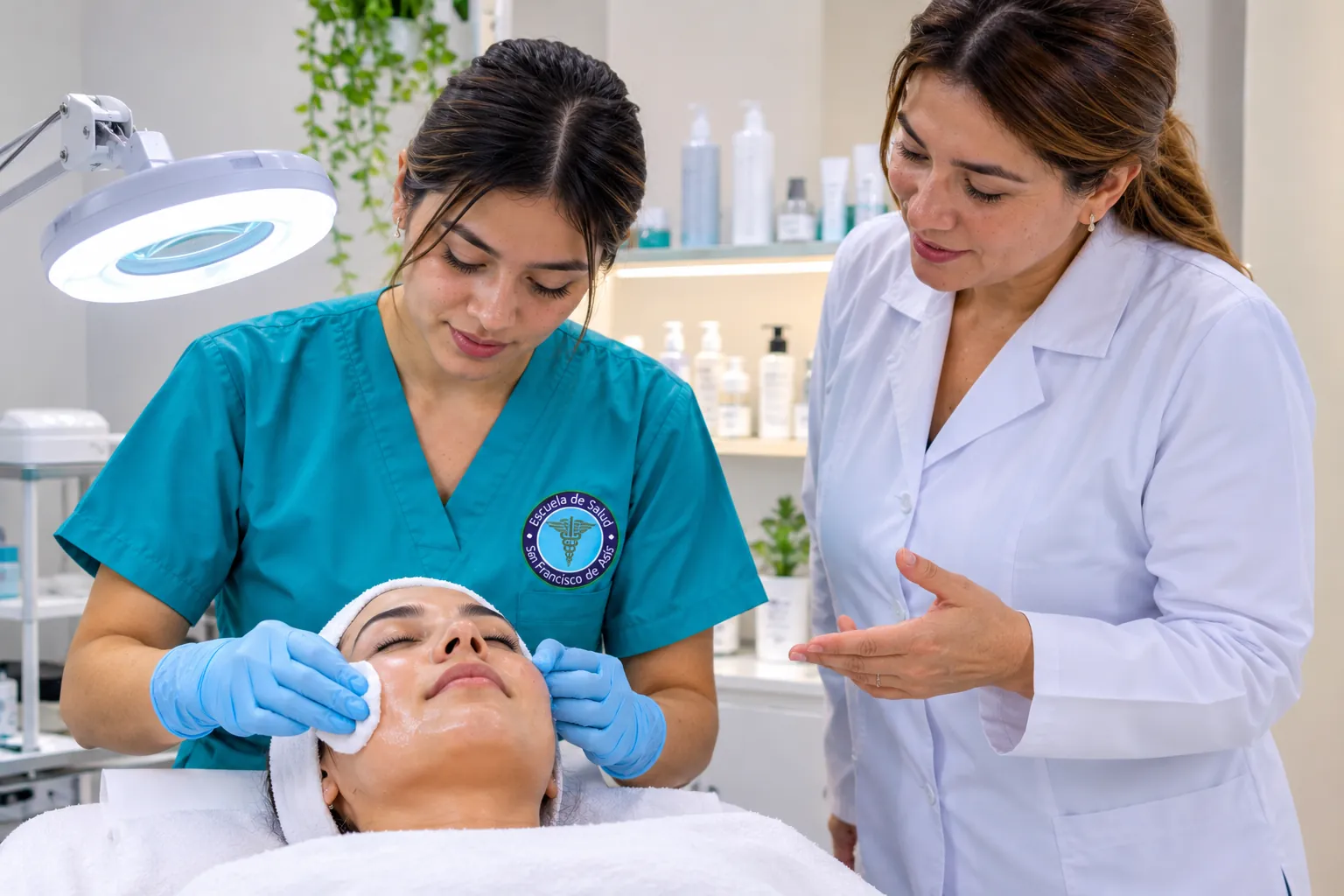 Estudiante de cosmetología hace una limpieza facial con la guía de su docente