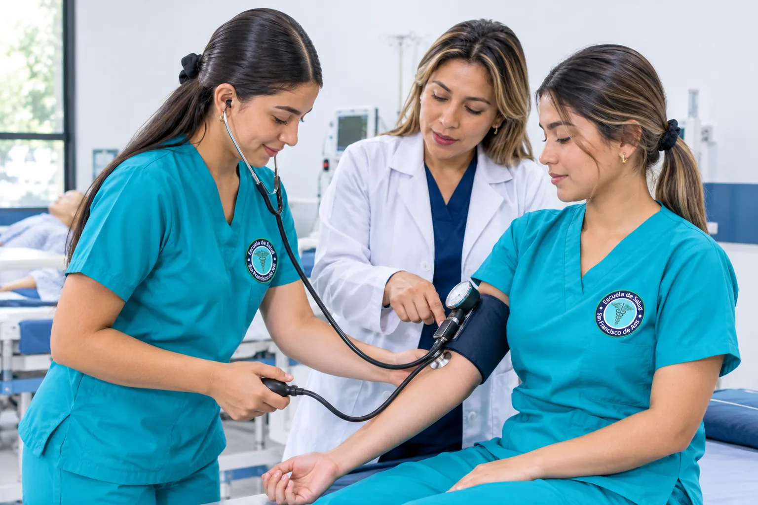 Estudiante de enfermería toma la presión arterial con la guía de su docente